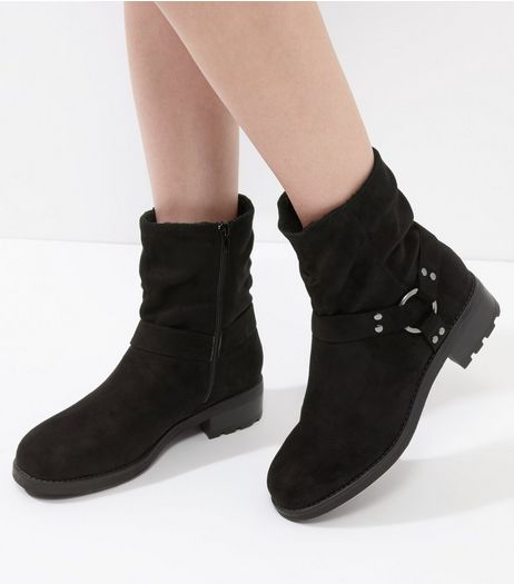 Black Suedette Faux Shearling Lined Biker Boots | New Look