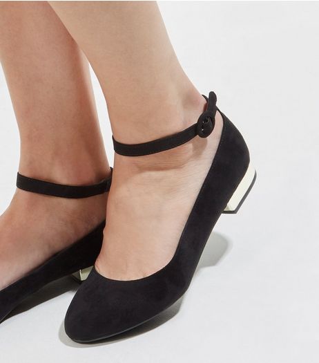 Wide Fit Black Suedette Metal Heel Ankle Strap Pumps | New Look