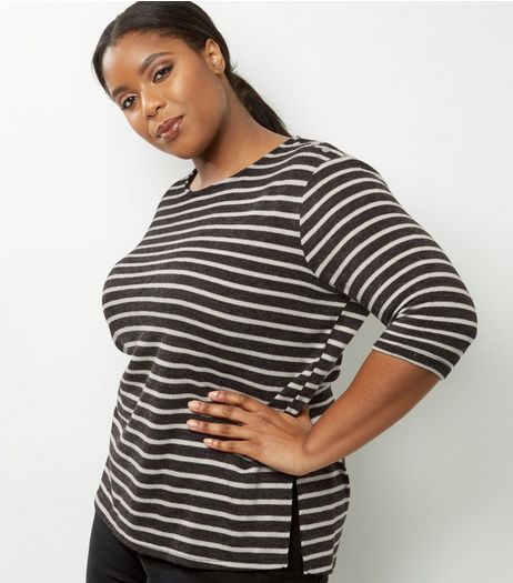 Curves Black Stripe Popper Detail Top | New Look