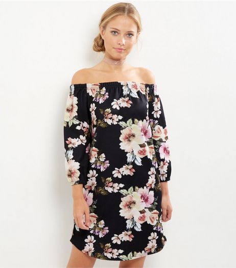 Cameo Rose Black Floral Print Bardot Neck Dress | New Look
