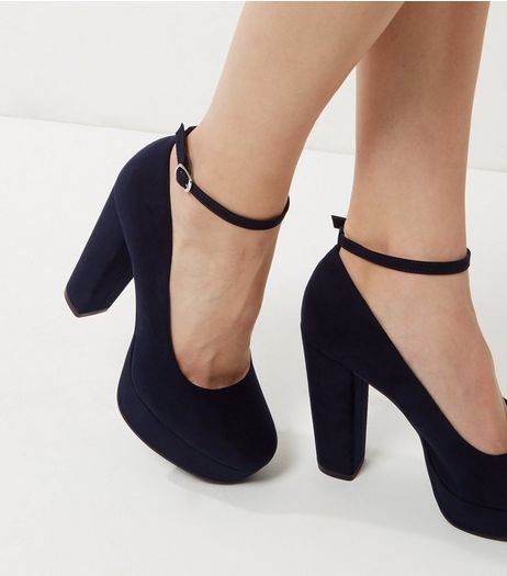 Wide Fit Navy Suedette Platform Ankle Strap Heels | New Look