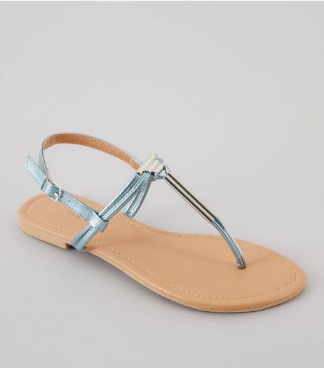 Wide Fit Blue Metallic Toe Post Metal Bar Sandals | New Look