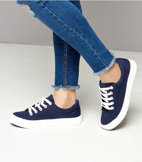 Teens Navy Lace Up Contrast Sole Plimsolls | New Look