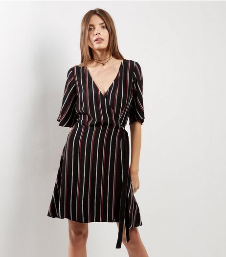 Black Stripe Wrap Front 1/2 Sleeve Dress | New Look