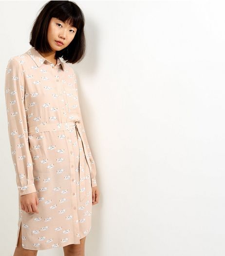 Pink Swan Print Tie Waist Shirt Dress | New Look