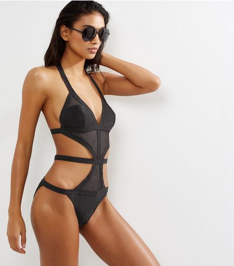 Black Mesh Panel Cut Out Swimsuit | New Look