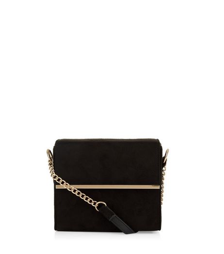 Black Suedette Metal Chain Shoulder Box Bag | New Look