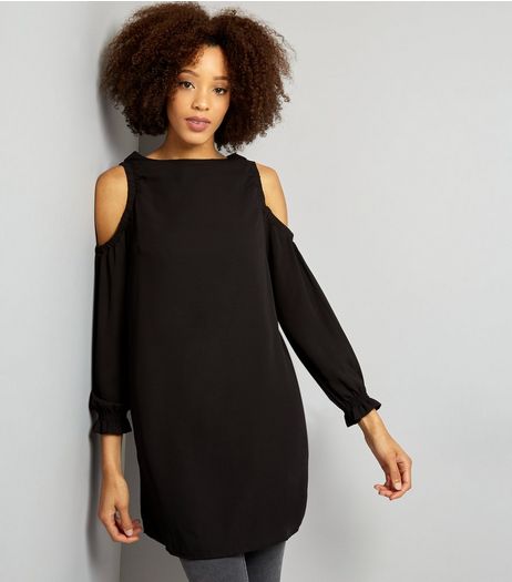 Black Cold Shoulder Long Sleeve Tunic Dress | New Look