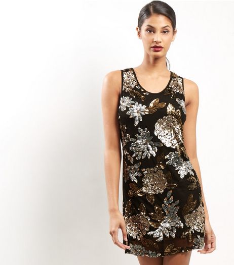Mela Black Sequin Floral Print Dress | New Look