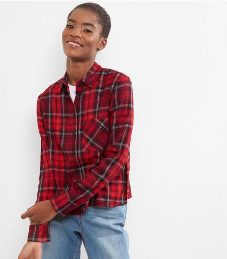 Red Check Pocket Front Cropped Shirt | New Look