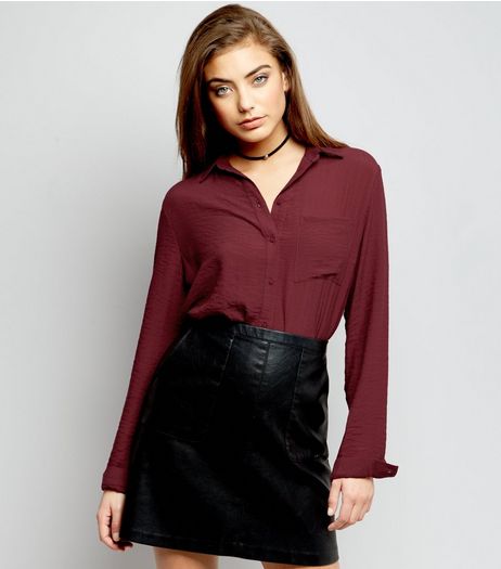 Burgundy Double Pocket Front Cropped Shirt | New Look