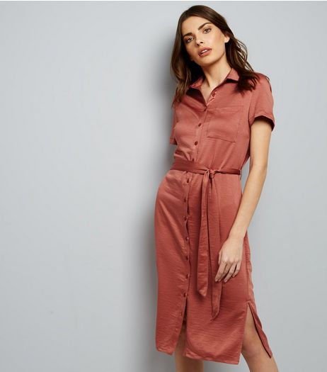 Mid Pink Sateen Belted Split Side Midi Shirt Dress | New Look
