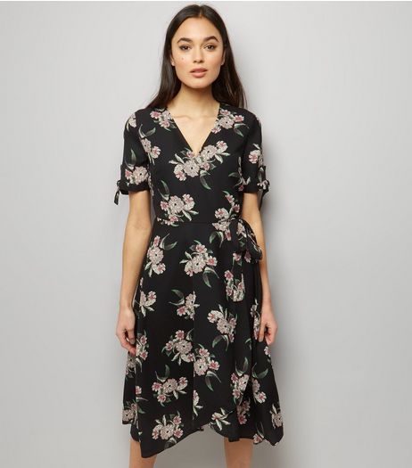 Black Floral Print Wrap Front Dress | New Look