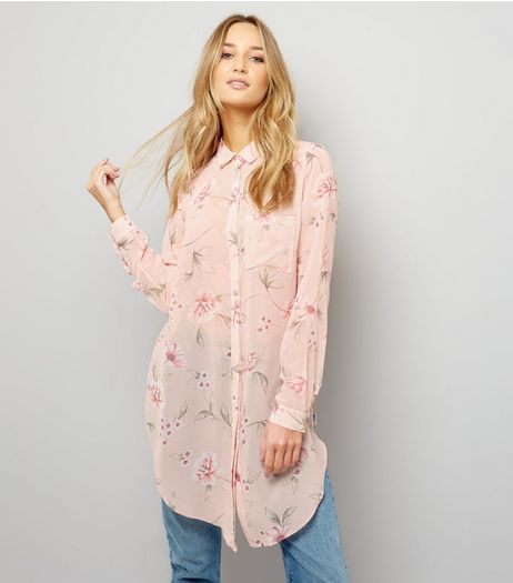 Pink Floral Print Chiffon Longline Shirt | New Look