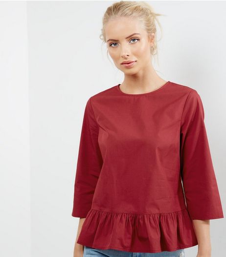 Red 3/4 Sleeve Peplum Top | New Look