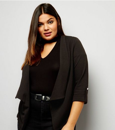 Curves Black Crepe Rolled Sleeve Waterfall Blazer | New Look