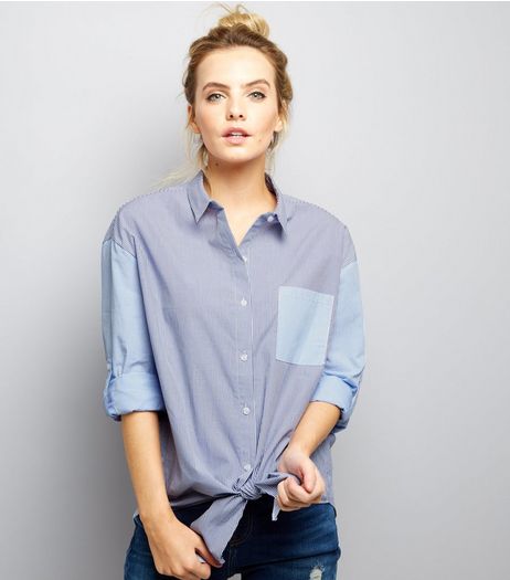 Petite Blue Pocket Front Tie Sleeve Shirt | New Look