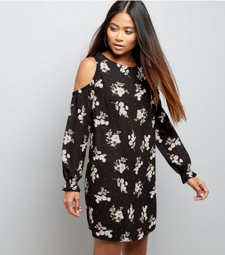 Petite Black Floral Cold Shoulder Mini Dress | New Look