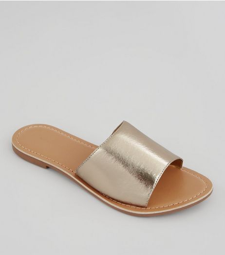 Gold Leather Sliders | New Look