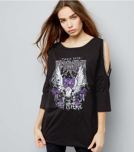Black Eagle Print Chain Trim Cold Shoulder T-Shirt | New Look
