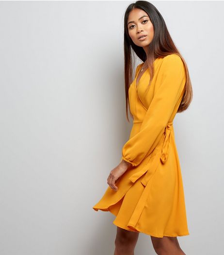 Petite Yellow Long Sleeve Wrap Front Dress | New Look