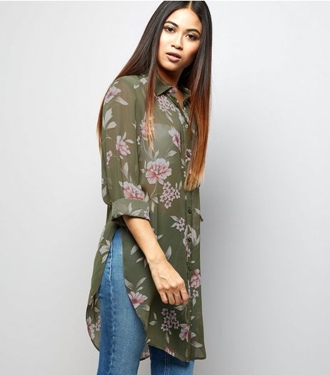 Petite Green Floral Chiffon Longline Shirt | New Look