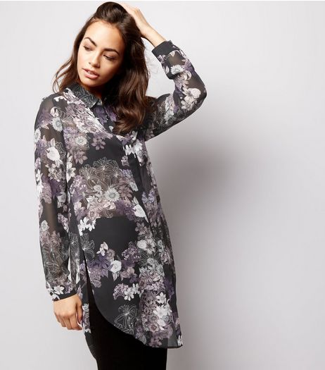 Black Chiffon Floral Print Longline Shirt | New Look