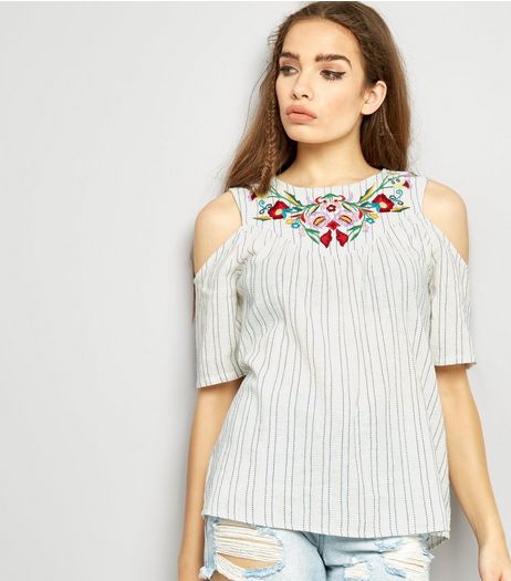 Brave Soul White Stripe Floral Embroidered Cold Shoulder Top | New Look