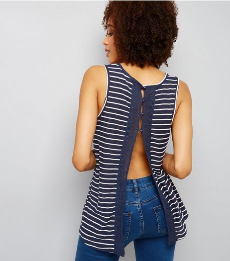 Blue Stripe Crochet Lace Trim Split Back Vest | New Look