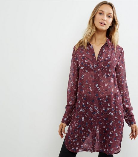 Red Floral Chiffon Longline Shirt | New Look