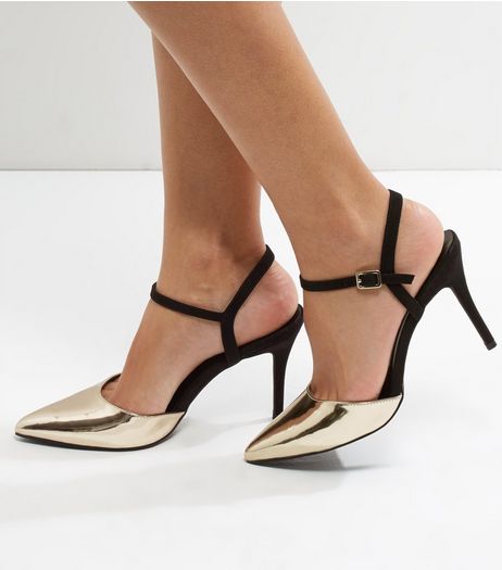 Gold Suedette Trim Ankle Strap Pointed Heels | New Look
