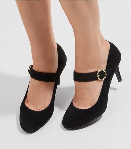Black Suede Single Buckle Strap Heels | New Look