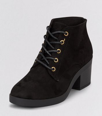 wide fit black suedette lace up block heel boots
