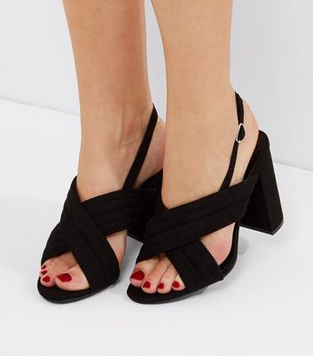 wide fit black suedette cross strap block heels