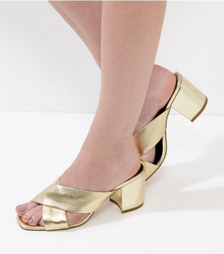 Gold Leather Cross Strap Heeled Mules | New Look