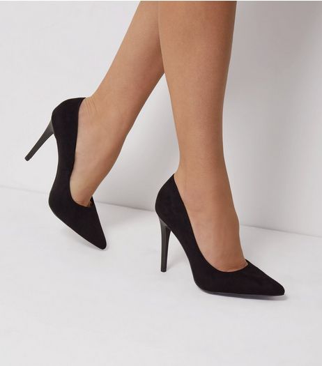 Black Suedette Matte Heel Pointed Court Shoes | New Look
