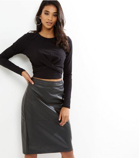 Black Leather-Look Seam Trim Pencil Midi Skirt | New Look