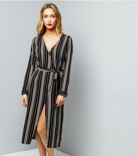 Influence Black Stripe Tie Waist Midi Dress | New Look