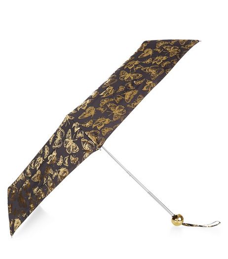 Black Foil Butterly Print Umbrella | New Look