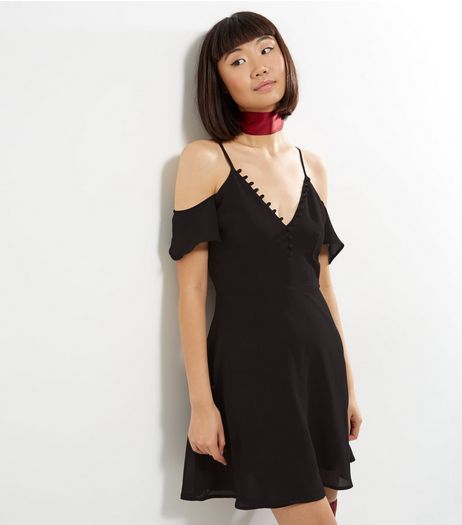 Influence Black Cold Shoulder Button Trim Skater Dress | New Look