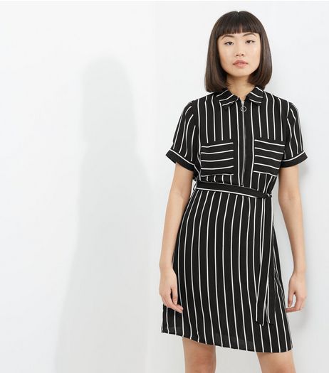 Black Stripe Double Pocket Zip Front Shirt Dress | New Look