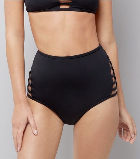 Black Lattice Side High Waist Bikini Bottoms | New Look