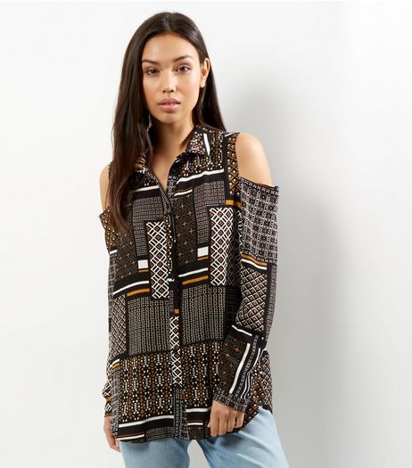 Black Abstract Print Cold Shoulder Shirt | New Look