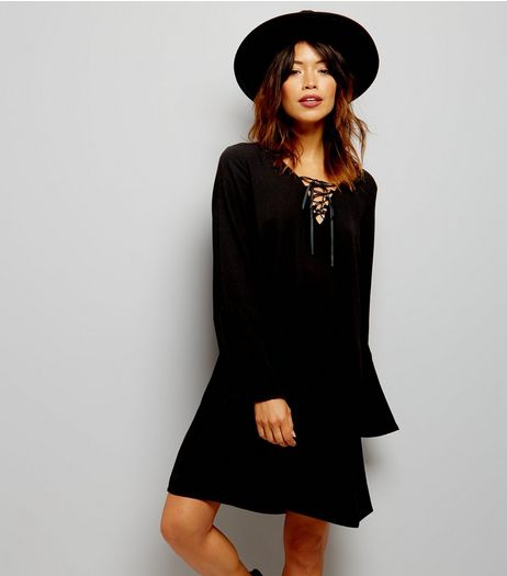 Black Lattice Front Bell Sleeve Tunic | New Look