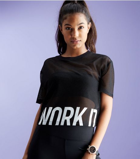 Black Mesh Work It Print Sports Crop Top | New Look