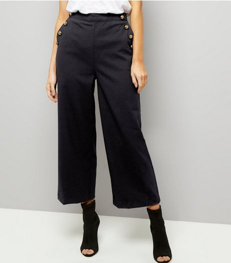 Tall Navy Button Side Wide Leg Trousers | New Look