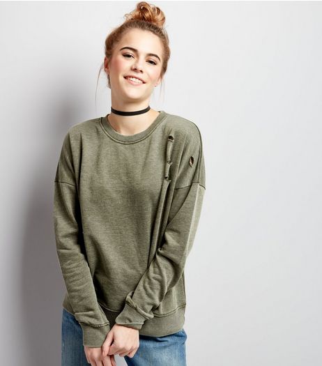 Olive Green Ripped Long Sleeve Sweater | New Look