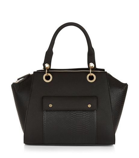 Black Snakeskin Texture Panel Bowler Bag | New Look