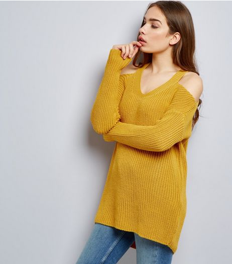 Tall Yellow Ribbed V Neck Cold Shoulder Jumper | New Look