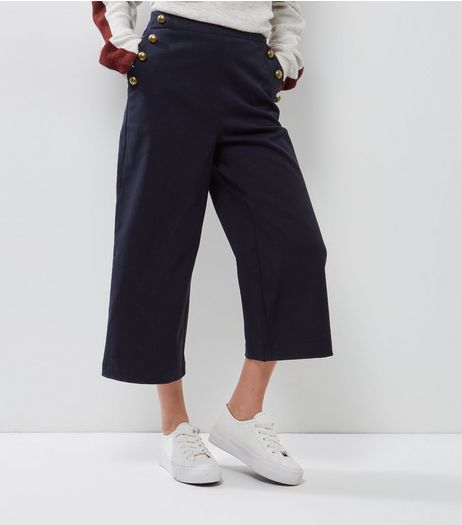 Petite Navy Button Side Wide Leg Cropped Trousers | New Look